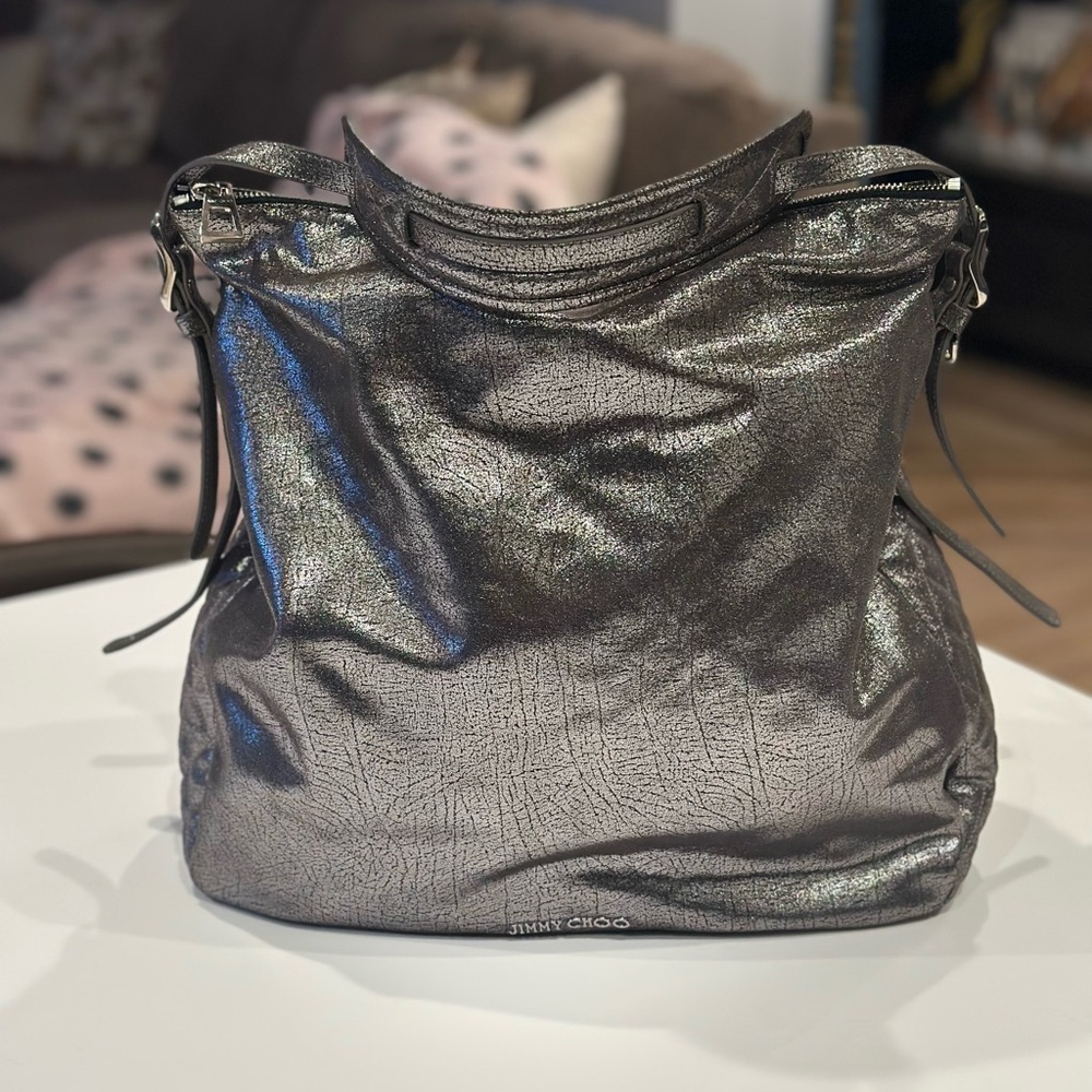 Jimmy Choo Lindsay Metallic Cracked Leather Hobo